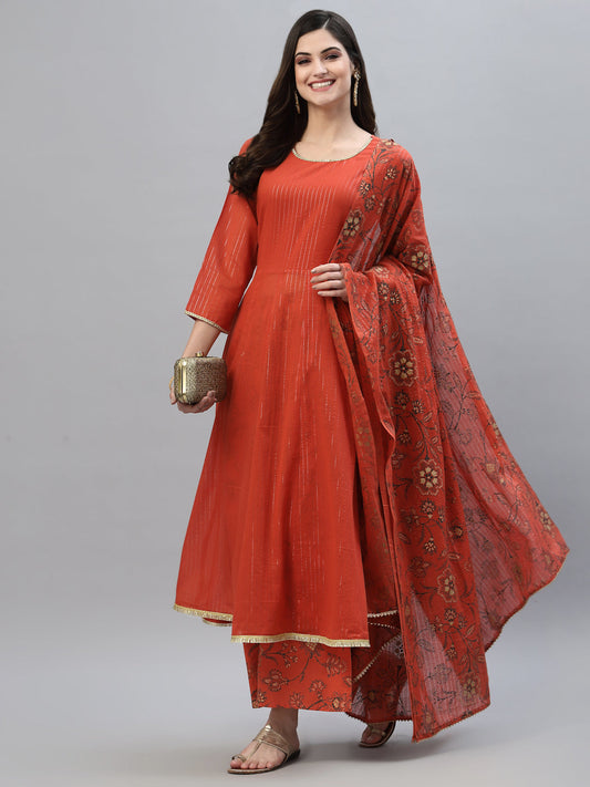 Stylum Women's Floral Printed Cotton Anarkali Kurta Palazzo Dupatta Set (KPDORANGELUREX)