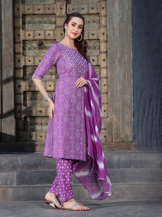 Stylum Women's Bandhej Printed Rayon Kurta Pant Dupatta Set (KPDPURPLELEMON)