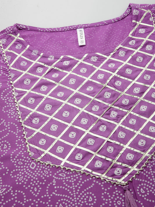 Stylum Women's Bandhej Printed Rayon Kurta Pant Dupatta Set (KPDPURPLELEMON)