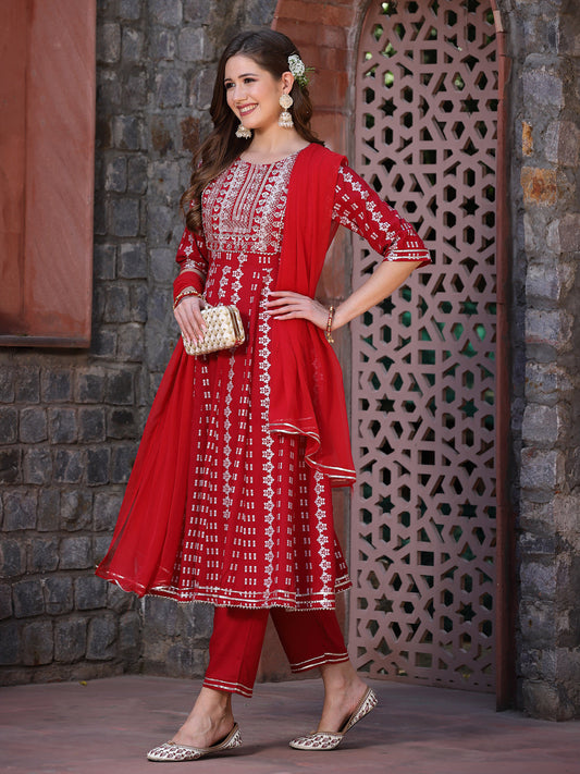 Rayon Embroidered Anarkali Kurta Pant Dupatta Set