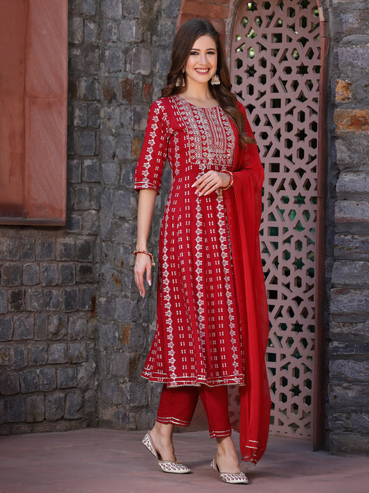 Printed Rayon Embroidered Anarkali Kurta Pant Dupatta Set