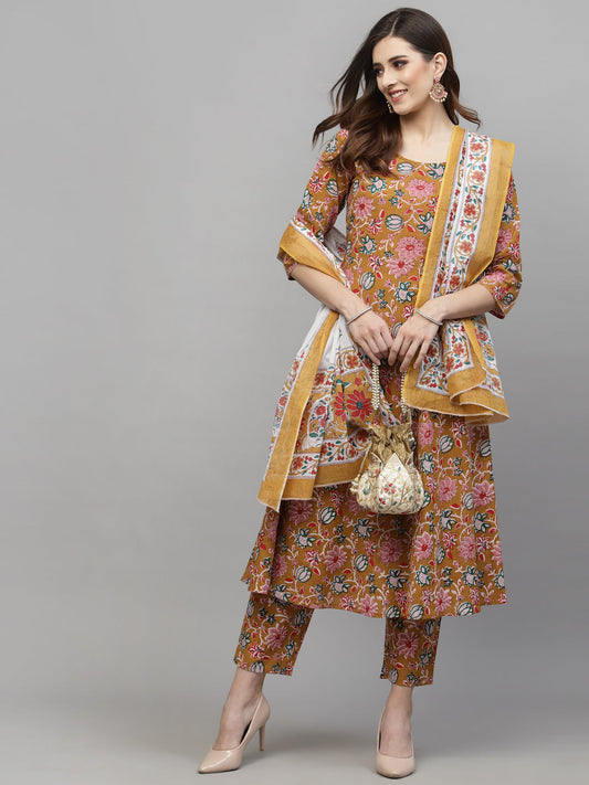 Stylum Women's Floral Printed Cotton Kurta Pant Dupatta Set (KPDYELLOWURI)