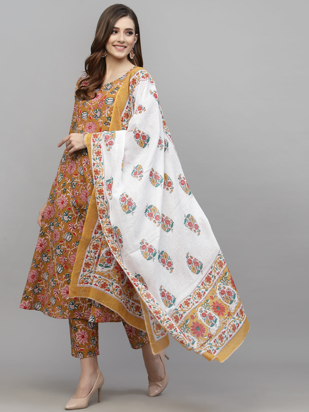 Stylum Women's Floral Printed Cotton Kurta Pant Dupatta Set (KPDYELLOWURI)