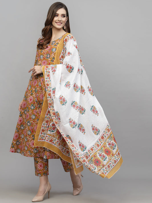 Stylum Women's Floral Printed Cotton Kurta Pant Dupatta Set (KPDYELLOWURI)