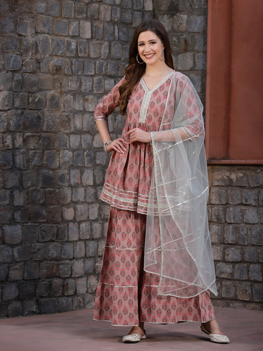 Floral Printed Rayon Kurta Sharara Dupatta Set