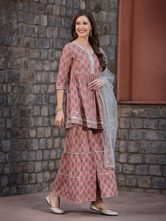 Printed Rayon Kurta Sharara Dupatta Set