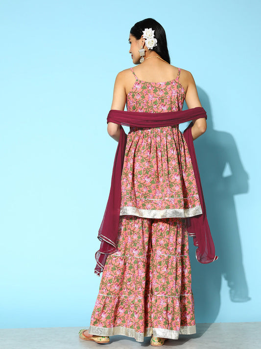 Floral Printed Cotton Kurta Sharara with Dupatta