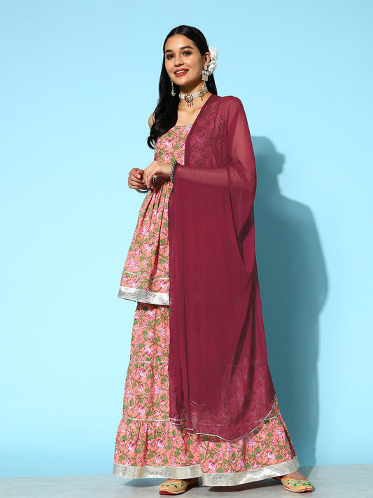 Floral Printed Cotton Kurta Sharara with Dupatta