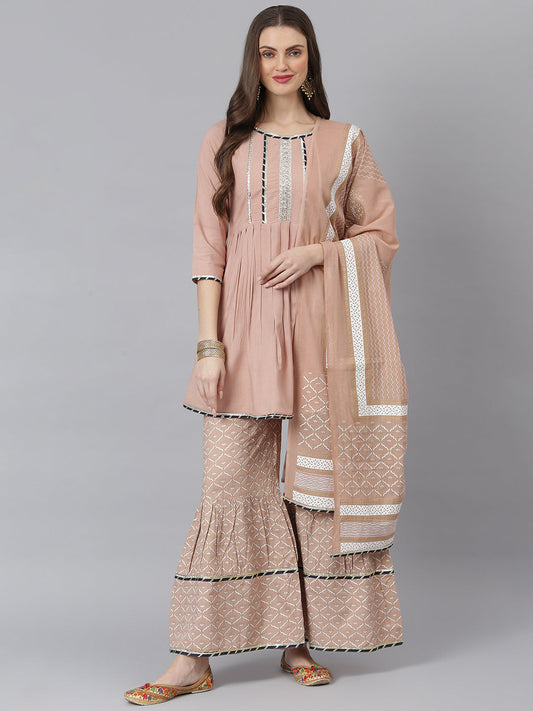 Rayon Pleated Kurta Sharara Dupatta Set