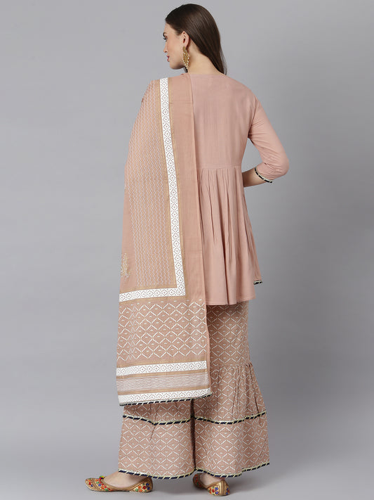 Rayon Pleated Kurta Sharara Dupatta Set