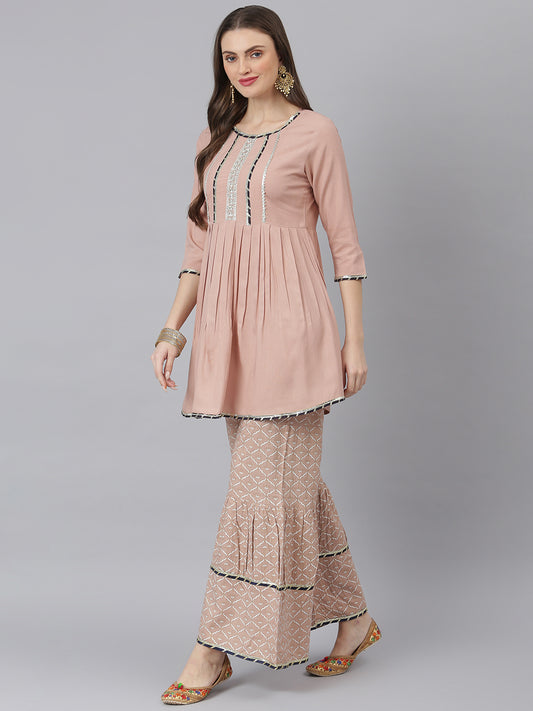 Stylum Women's  Printed Rayon Pleated Kurta Sharara Dupatta Set (KSDTEXOBEIGE)