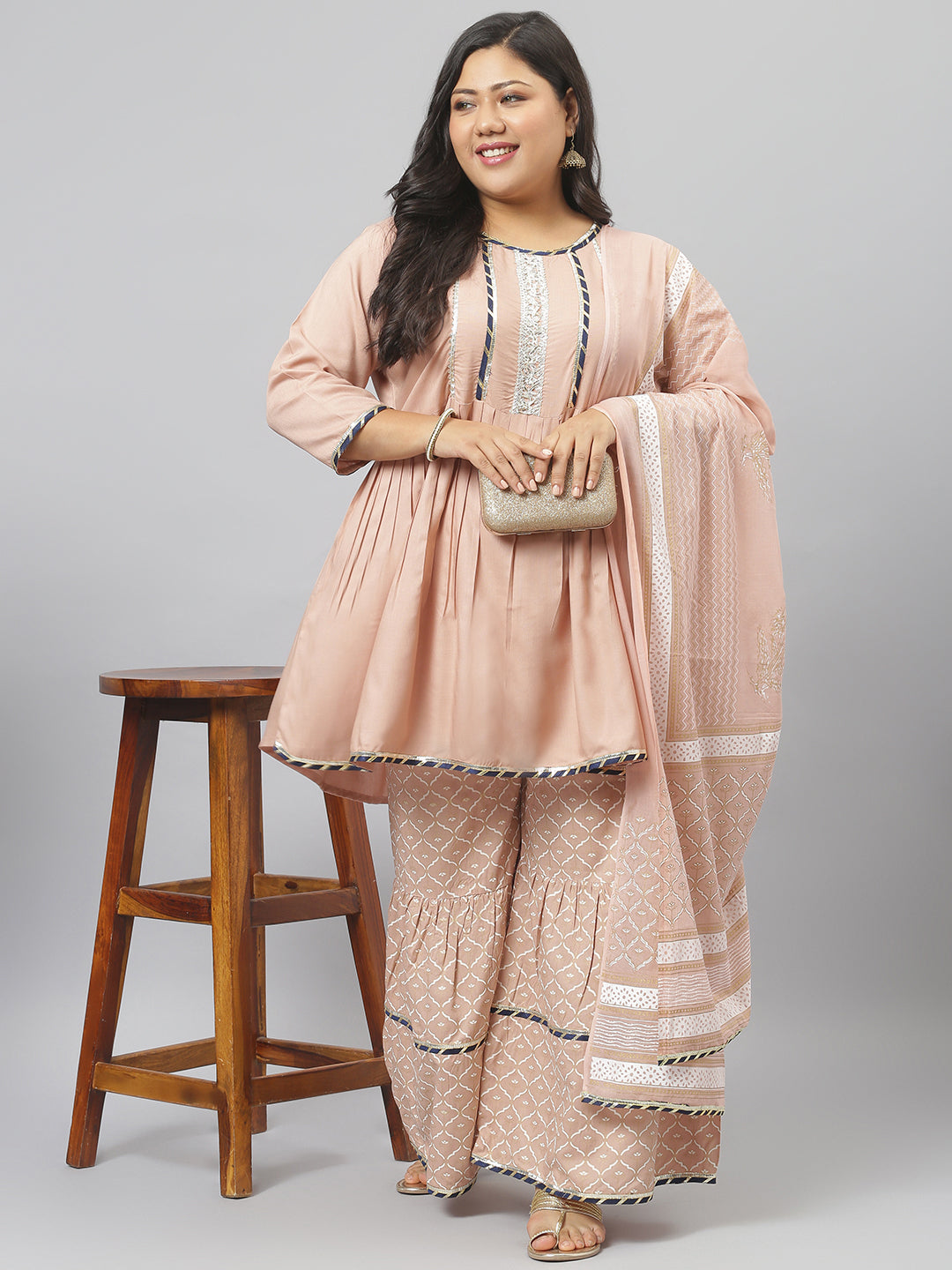 Stylum Women's  Printed Rayon Pleated Kurta Sharara Dupatta Set (KSDTexoBeigeSet)