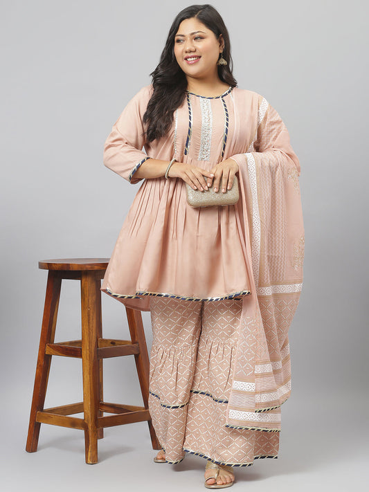 Stylum Women's  Printed Rayon Pleated Kurta Sharara Dupatta Set (KSDTexoBeigeSet)