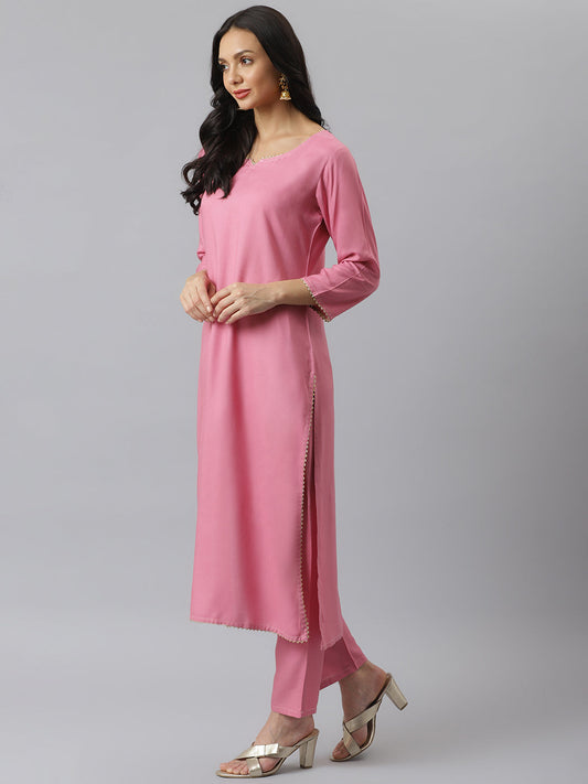 Stylum Women's Solid Rayon Straight Kurta Pant Dupatta Set (Kpdmoremulberrypnk)