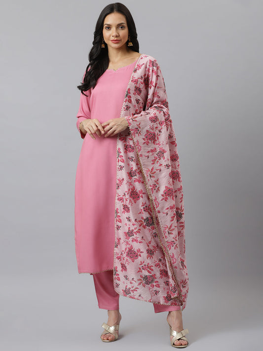 Stylum Women's Solid Rayon Straight Kurta Pant Dupatta Set (Kpdmoremulberrypnk)