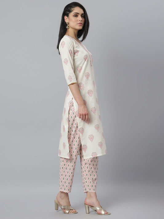 Stylum Printed Cotton Straight Kurta Pant Set (Kppikoecru)
