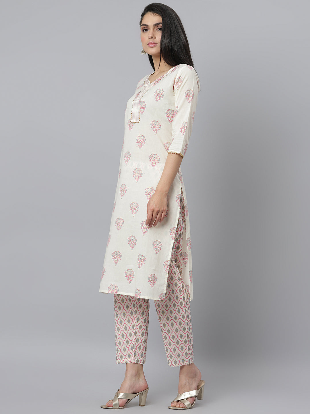 Stylum Printed Cotton Straight Kurta Pant Set (Kppikoecru)