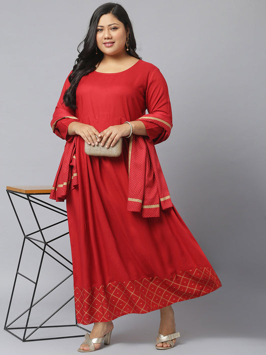 Stylum Women's Gold Printed Rayon Flared Kurta Dupatta Set (MaroontriangleKD)