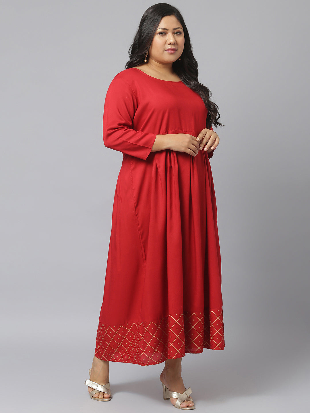 Stylum Women's Gold Printed Rayon Flared Kurta Dupatta Set (MaroontriangleKD)