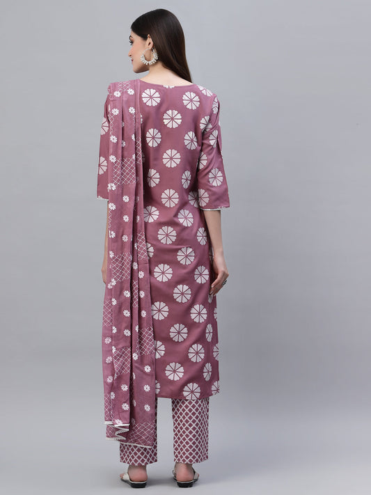 Stylum Women's Printed Cotton Straight Kurta Pant Dupatta Set (MauveChecksKPDSet)