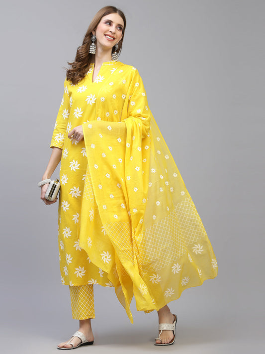 Stylum Women's Printed Cotton Straight Kurta Pant Dupatta Set (MustardKhadiKPDSet)
