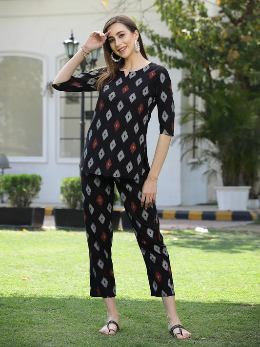 Stylum Women's Ikat Print Cotton Plus Size Night Suit Set (NIST004)