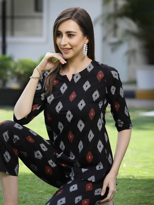 Stylum Women's Ikat Print Cotton Plus Size Night Suit Set (NIST004)