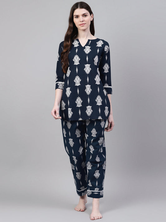 Stylum Women's Floral Print Cotton Plus Size Night Suit Set (NIST007)