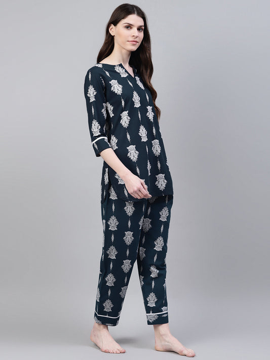 Stylum Women's Floral Print Cotton Plus Size Night Suit Set (NIST007)