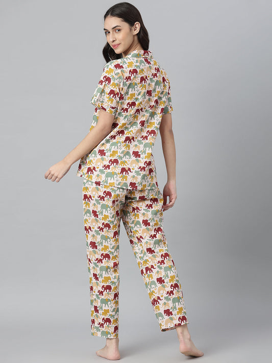Stylum Women's Elephant Printed Cotton Night Suit Set (NISTELLY)