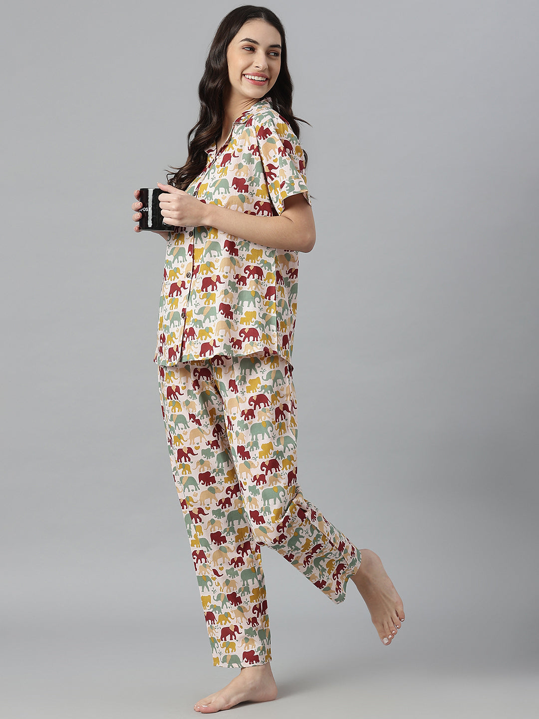 Stylum Women's Elephant Printed Cotton Night Suit Set (NISTELLY)