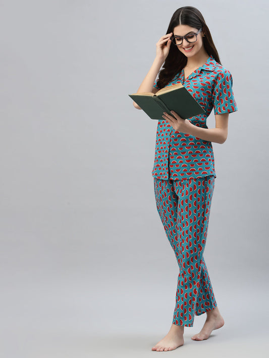 Stylum Women's Printed Cotton Night Suit Set (NISTMELON)