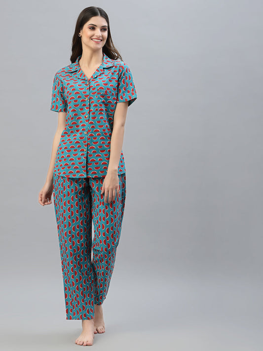 Stylum Women's Printed Cotton Night Suit Set (NISTMELON)