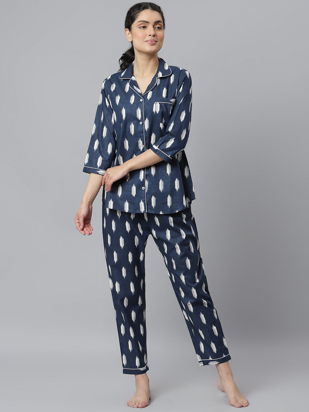 Stylum Women's Ikat Printed Rayon Night Suit Set (NISTNAVYIKKY)