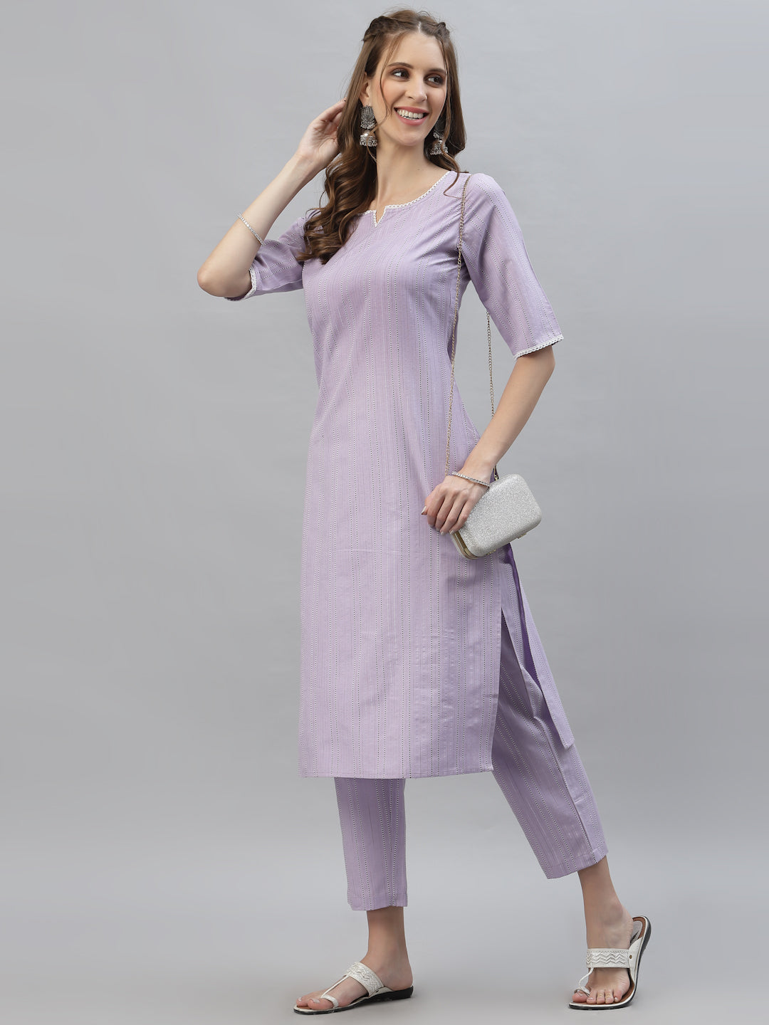 Stylum Women's Self Woven Striped Cotton Blend Straight Kurta Pant Set (NOORIMAUVE)