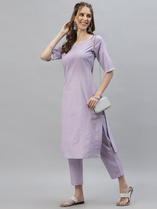 Stylum Women's Self Woven Striped Cotton Blend Straight Kurta Pant Set (NOORIMAUVE)