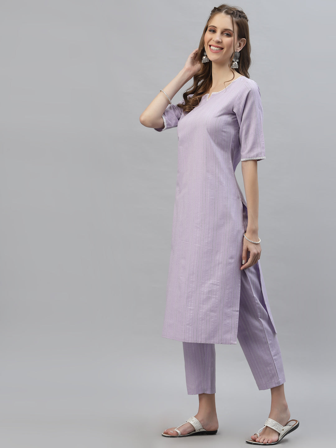 Stylum Women's Self Woven Striped Cotton Blend Straight Kurta Pant Set (NOORIMAUVE)