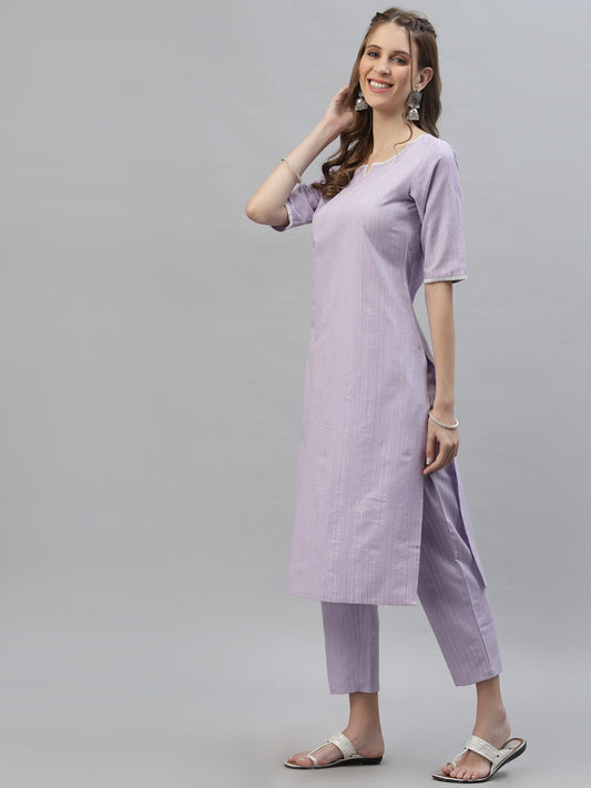 Stylum Women's Self Woven Striped Cotton Blend Straight Kurta Pant Set (NOORIMAUVE)