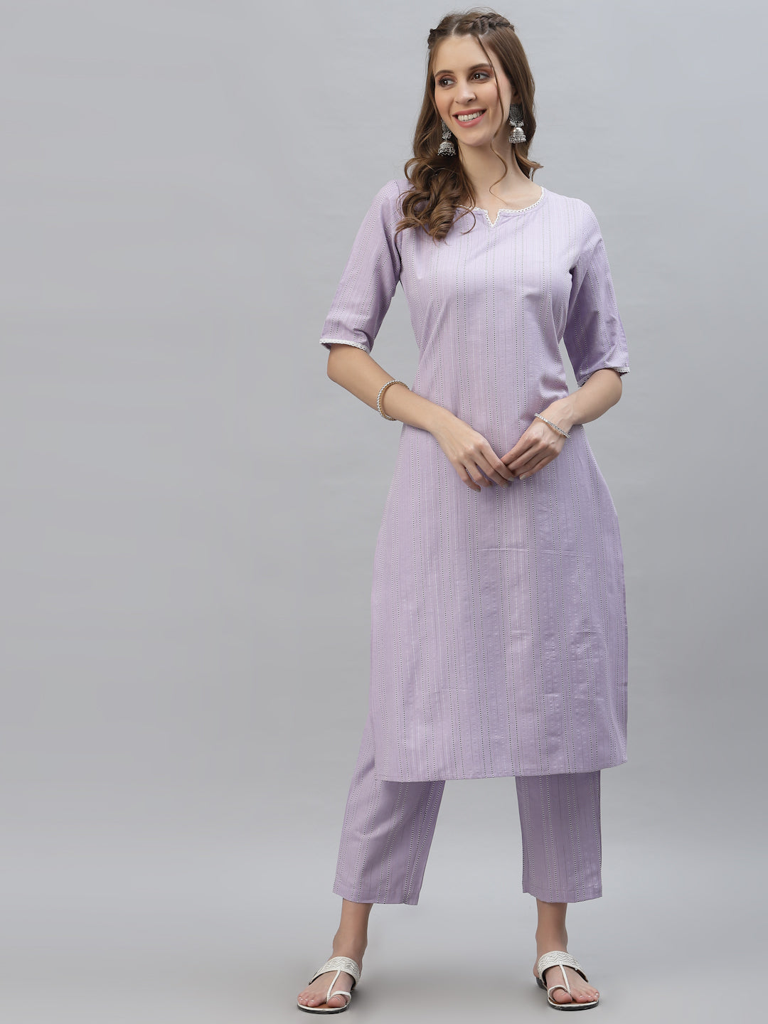 Stylum Women's Self Woven Striped Cotton Blend Straight Kurta Pant Set (NOORIMAUVE)