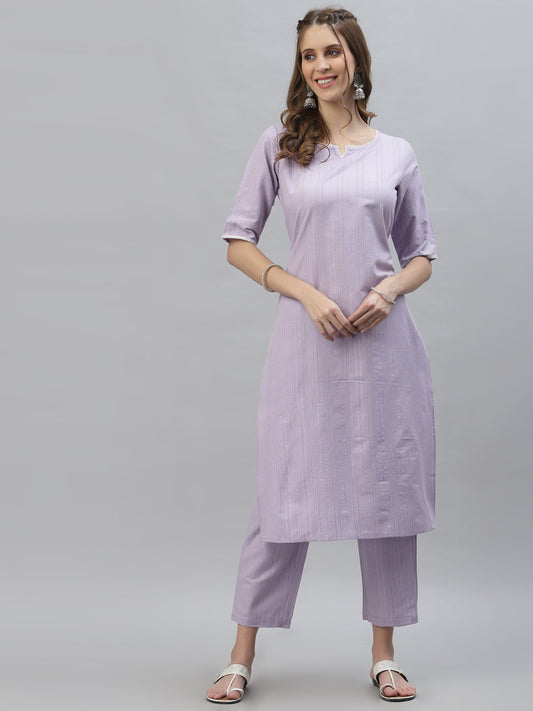 Stylum Women's Self Woven Striped Cotton Blend Straight Kurta Pant Set (NOORIMAUVE)