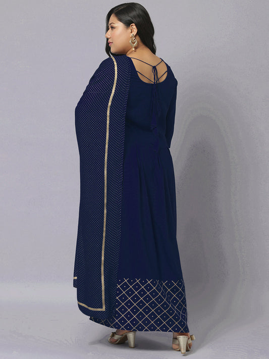 Stylum Women's Gold Printed Rayon Flared Kurta Dupatta Set (NavyTriangleKD)