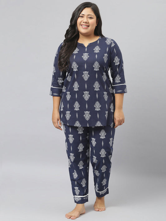 Stylum Women's Floral Print Cotton Plus Size Night Suit Set (NIST007)