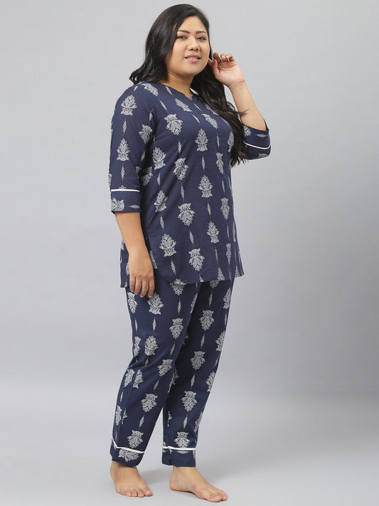 Stylum Women's Floral Print Cotton Plus Size Night Suit Set (NIST007)
