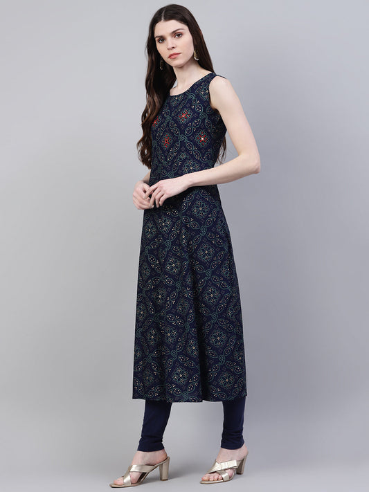 Stylum Women's Printed Rayon Flared Kurta Dupatta Set (Nodebluekdset)