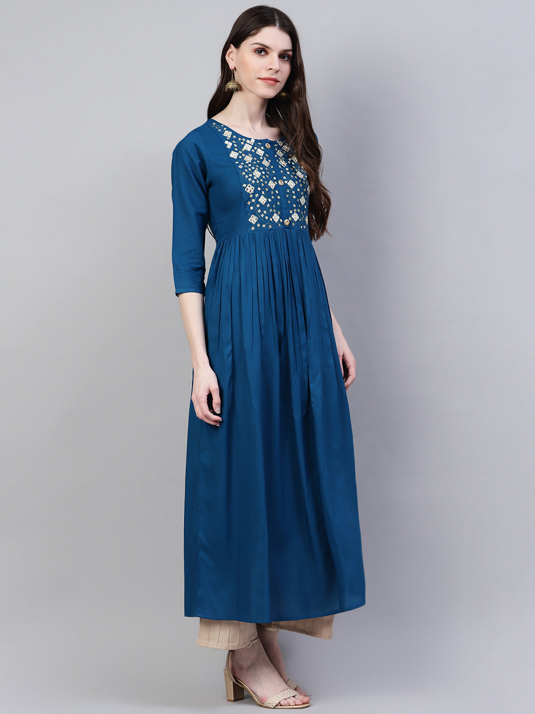 Stylum Women's Embroidered Rayon Flared Kurta (Noorteal)