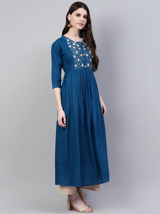 Stylum Women's Embroidered Rayon Flared Kurta (Noorteal)