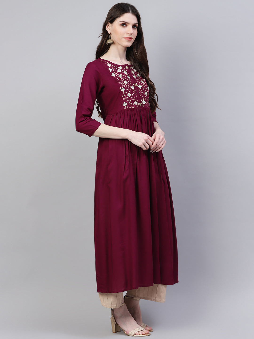 Stylum Women's Embroidered Rayon Flared Kurta (Noorwine)