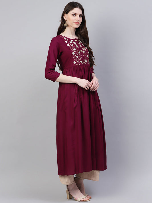 Stylum Women's Embroidered Rayon Flared Kurta (Noorwine)