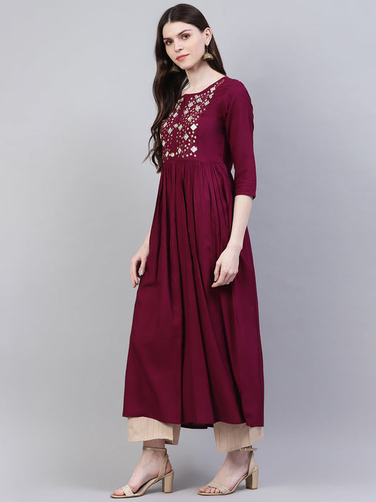 Stylum Women's Embroidered Rayon Flared Kurta (Noorwine)
