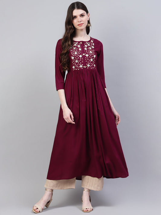 Stylum Women's Embroidered Rayon Flared Kurta (Noorwine)